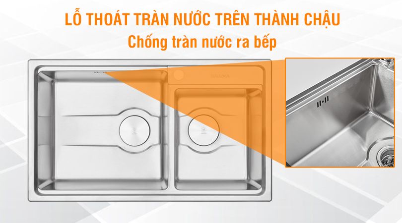 Chậu rửa chén Malloca MS 5082W - Lỗ thoát tràn nước hiệu quả